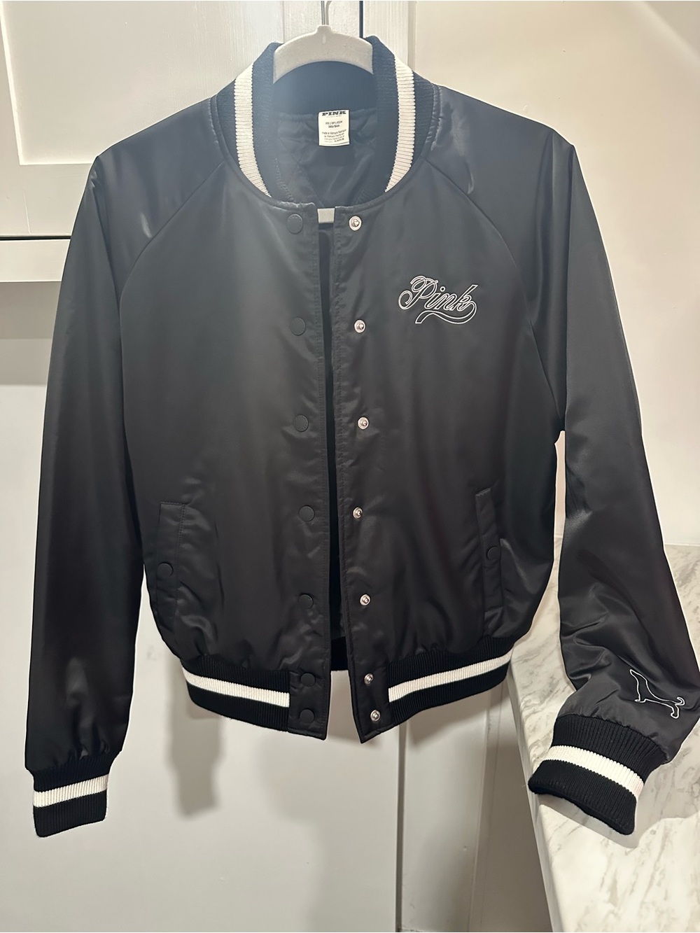 PINK Victoria's Secret Black Satin Varsity Jacket with White Stripes